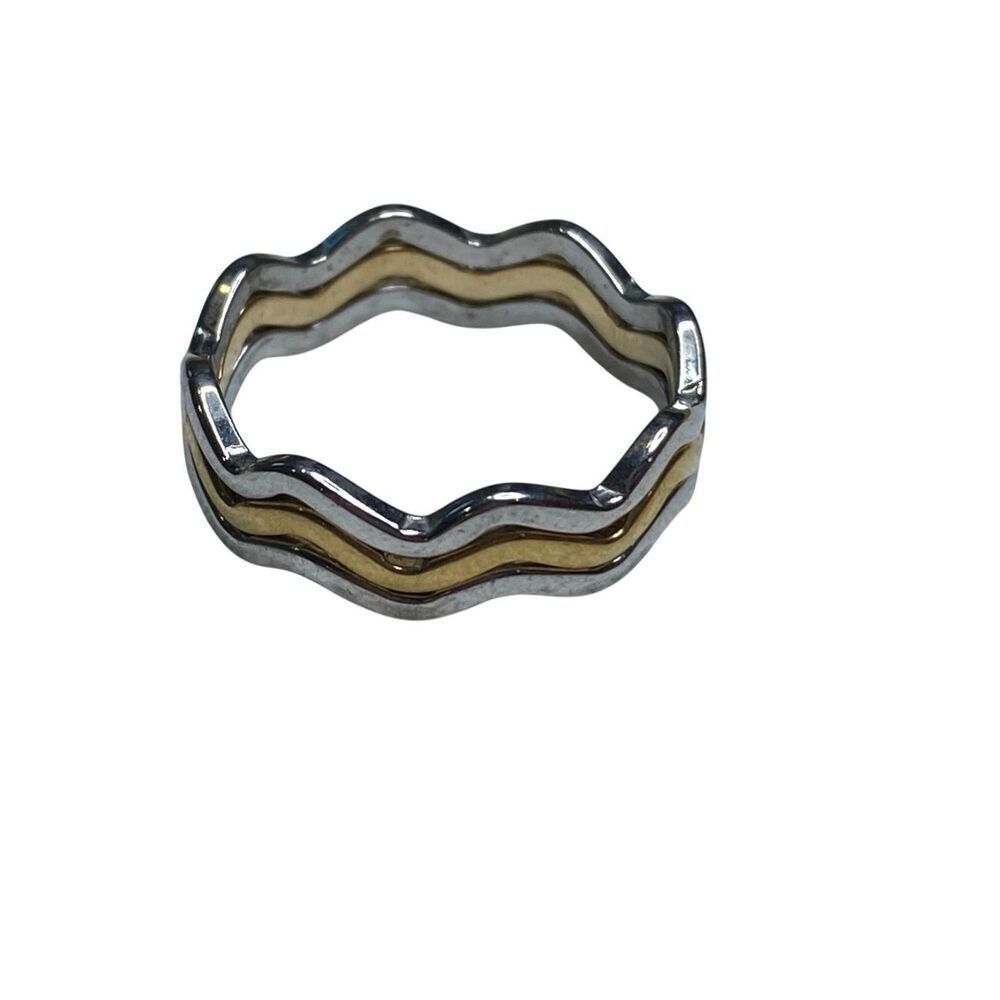 Two Tone Wavy Triple Stacking Ring Set Silver Gold Minimal Band Size 6 Trendy